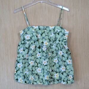 Womens Boho Resort Tropical Green Floral Babydoll‎ Camisole Bubble Hem Top XS